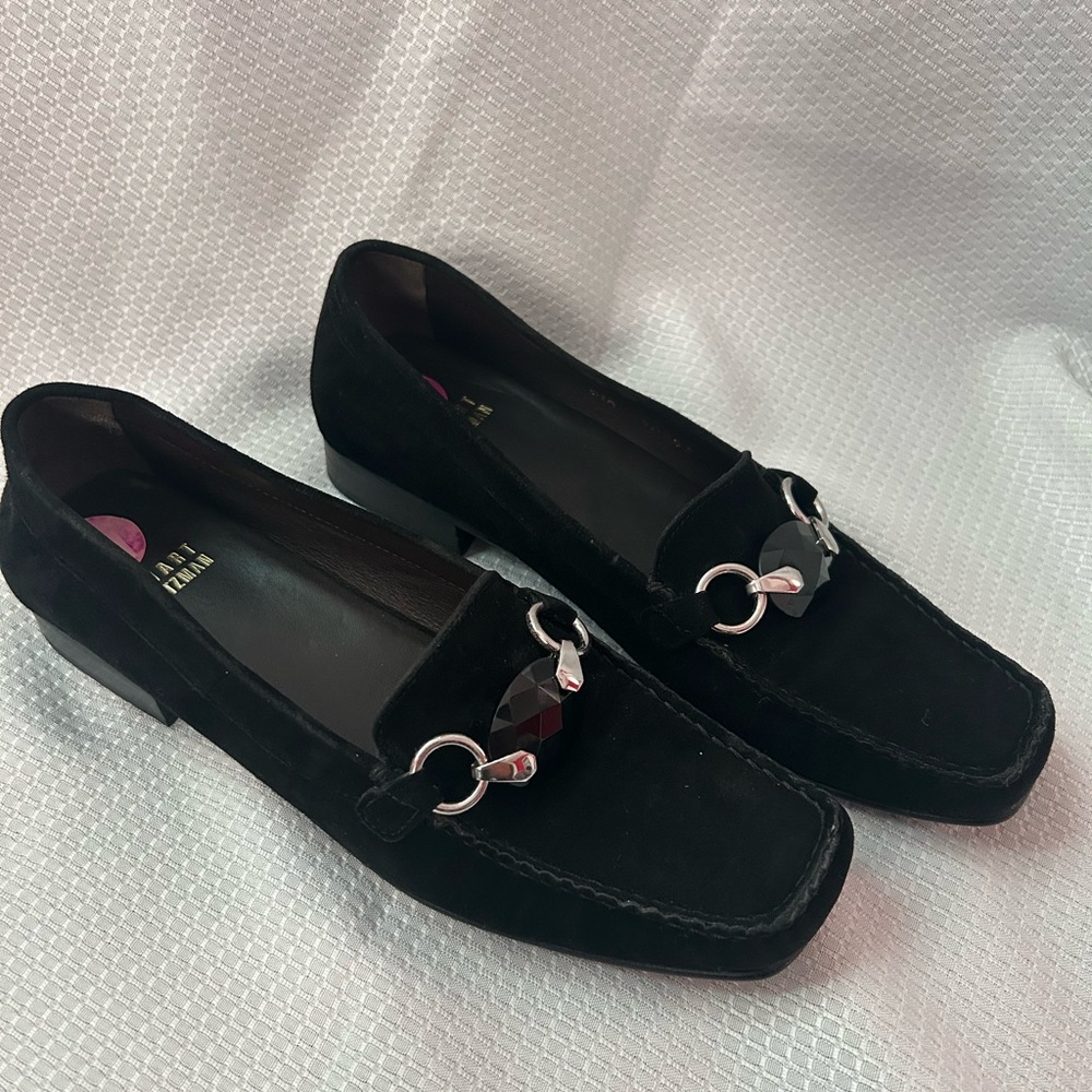 Stuart Weitzman Black Suede Loafers with Silver Detailing